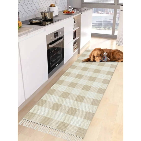 Beige Plaid Entryway Runner Rug 2x4ft,Spring Summer Farmhouse Buffalo Checkered Washable Woven Living Room Hallway Bedroom Kitchen Carpet with Tassels,Indoor Outdoor Throw Door Mat for Entryway