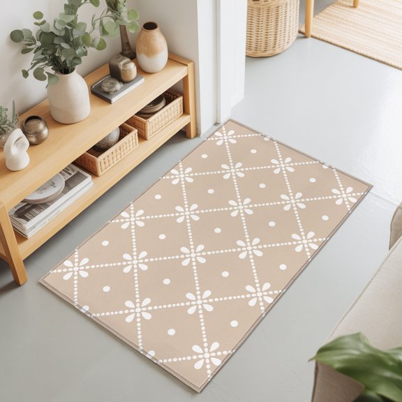 Beige Plaid Flower Polka Dots Rectangle Area Rug 2x3ft,Living Room Rug Non-Slip Washable Circle Rugs Pad,Minimalist Style Soft Floor Carpet for Bedroom Dining Room