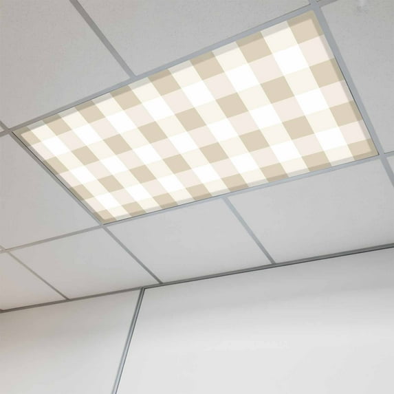 Beige Plaid Fluorescent Light Covers, Spring Summer Farmhouse Buffalo Checkered Magnetic Light Covers for Ceiling Lights, Fluorescent Ceiling Shade Filters for Classroom Bedroom Office 4x2Ft x 1PCS