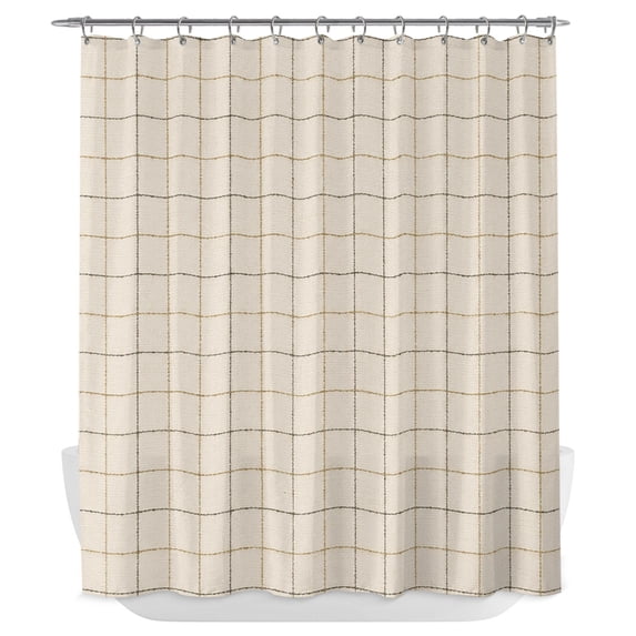 Beige Plaid Grid Shower Curtain - Water Repellent Fabric Shower Curtains Washable, Modern Abstract Cream Checkered Decorative Polyester Cloth Bathroom Curtains Modern Bath Decor 72"x72"