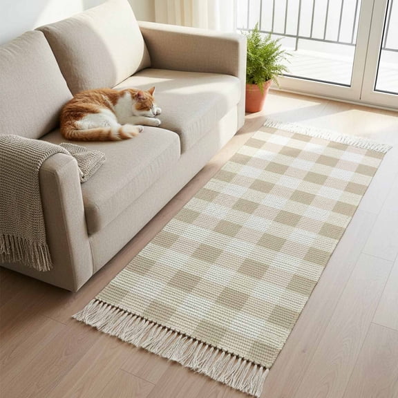 Beige Plaid Hallway Runner Rug 2'x5', Spring Summer Farmhouse Buffalo Checkered Washable Kitchen Runner Rug with Tassels, Laundry Room Rugs Woven Cotton Carpet for Bedroom Entryway Front Door