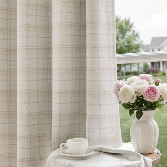 Beige Plaid Jacquard Blackout Curtains 84 Inches Long 2 Panels for Bedroom Living Room Buffalo Check Gingham Room Darkening Thermal Insulated Soundproof Grommet Window Drapes, 52x84 2 Set