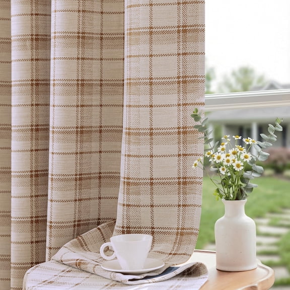 Beige Plaid Jacquard Blackout Curtains 84 Inches Long 2 Panels for Bedroom Living Room Buffalo Check Gingham Room Darkening Thermal Insulated Soundproof Grommet Window Drapes, 52x84 2 Set