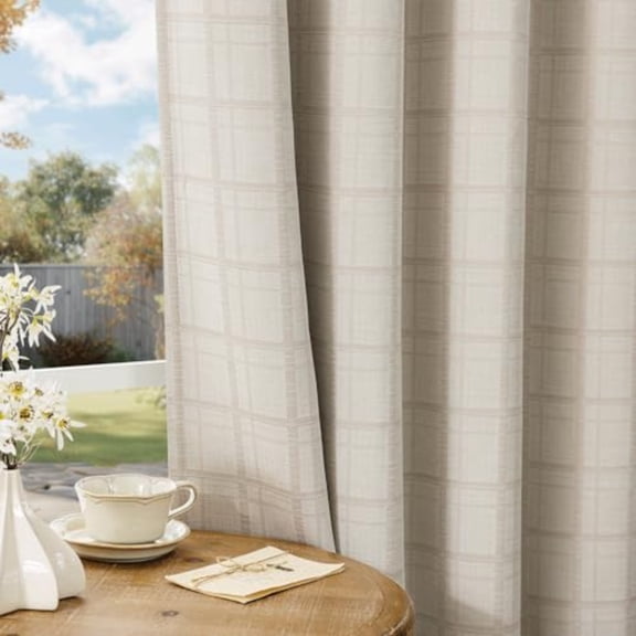 Beige Plaid Jacquard Blackout Curtains 84 Inches Long 2 Panels for Bedroom Living Room Gingham Checkered Room Darkening Thermal Insulated Soundproof Grommet Window Drapes 52x84 2 Set