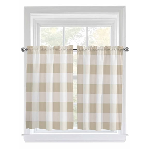 Beige Plaid Kitchen Curtains Tier 45 Inch Length, Spring Summer Farmhouse Buffalo Checkered Rod Pocket Light Filtering Window Curtains Living Room Bedroom Curtain Drapes Cafe Curtain 27.5''x45''x2