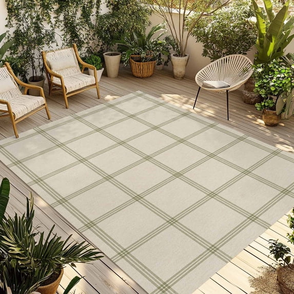 Beige Plaid Outdoor Rug for Patio/Deck/Porch, Non-Slip Large Area Rug 5 x 8 Ft, Vintage Grid Stripe Minimalist Art Linen Indoor Outdoor Rugs Washable Area Rugs, Reversible Camping Rug Carpet Runner