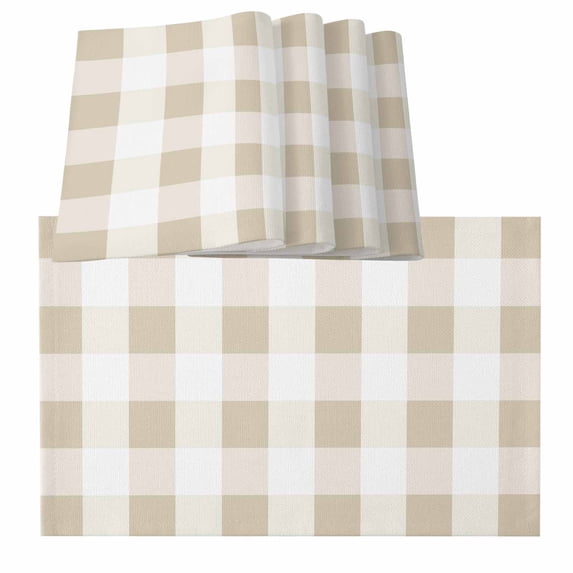 Beige Plaid Placemats for Dinning Table Set of 4, Spring Summer Farmhouse Buffalo Checkered Burlap Kitchen Place Mats Waterproof Cloth Table Mats, Indoor Outdoor Placemats Easy Clean Dinner Decor