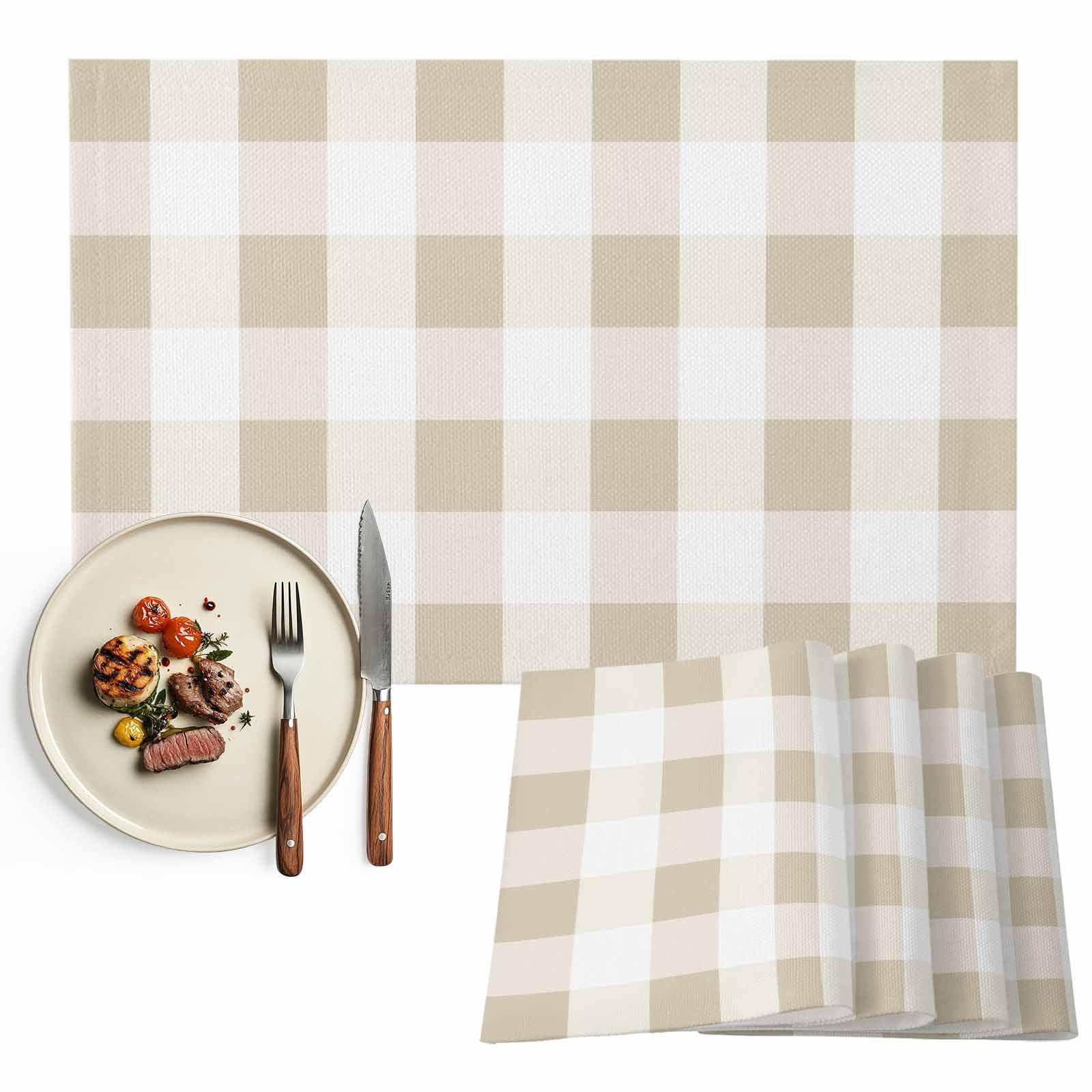 Beige Plaid Placemats Set of 4, Checkerd Pattern Table Mats Washable ...