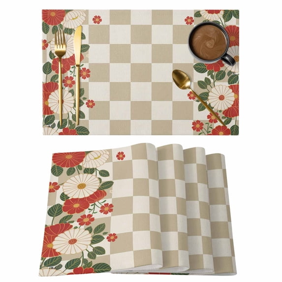 Beige Plaid Placemats Set of 4, Red Floral Japanese Abstract Buffalo Lattice Placemats for Dining Table, Place Mats for Kitchen Tabletop, Waterproof Wipeable Dining Table Mats Set