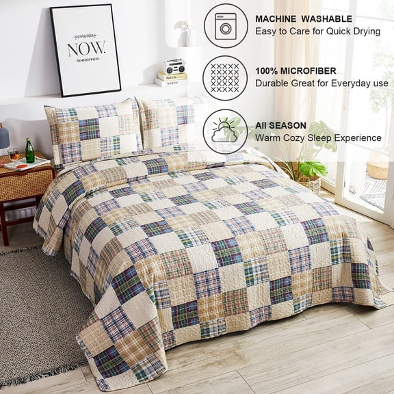 Beige Plaid Quilt Set King Size Patchwork Reversible Bedding Coverlet Soft Lightweight All Season