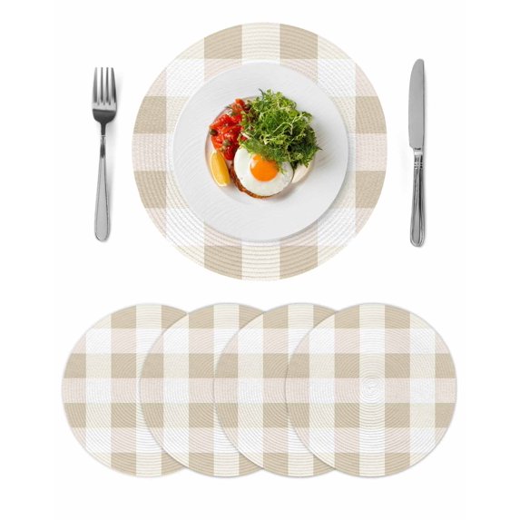 Beige Plaid Round 15 Inch Placemats Set of 4, Spring Summer Farmhouse Buffalo Checkered HeatResistant Non Slip Place Mats for Dining Table, Wipeable Braided Kitchen Table Mats for Housewarming