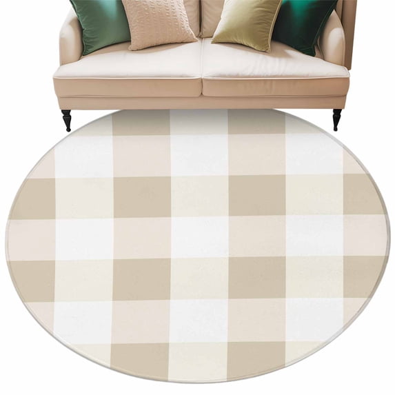 Beige Plaid Round Area Rug 5ft Washable Large Round Rug for Living Room, Soft Non-Slip Circle Rugs for Dining Room, Spring Summer Farmhouse Buffalo Checkered Floor Carpet for Bedroom Entryway Office
