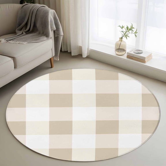 Beige Plaid Round Rug 3Ft, Non Slip Circle Area Rug for Bedroom, Spring Summer Farmhouse Buffalo Checkered Washable Low Pile Indoor Floor Carpet Door Mat for Bathroom Kitchen Entryway Nursery