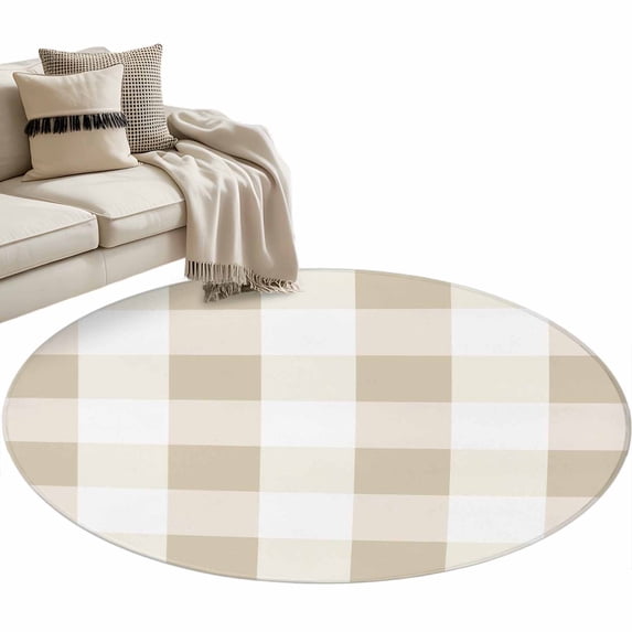 Beige Plaid Round Rug 3ft Area Rug Washable Soft Non-Slip 3' Circle Low Pile Rugs Spring Summer Farmhouse Buffalo Checkered Carpet for Bedroom Living Room Entryway Home Office Dining Room