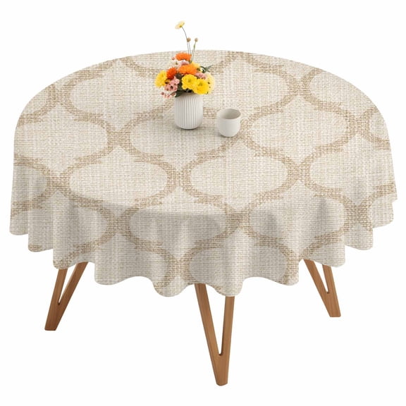 Beige Plaid Round Tablecloth 60 inches Retro Country Moroccan National Geometrical Plaid Waterproof Oil-Proof Table Cloth Round Table Cover for Holiday Party Picnic Dinner Decor Indoor Outdoor Use