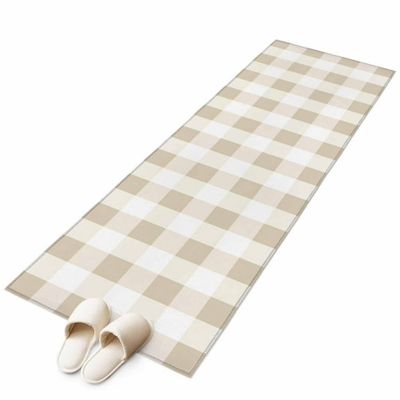 Beige Plaid Runner Rug 2x6 FT, Non Slip Hallway Carpet, Spring Summer Farmhouse Buffalo Checkered Washable Soft Floor Carpet Throw Runner Carpet Long Rug for Entryway Kitchen Bedside Sliding Door
