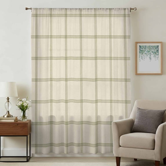 Beige Plaid Sheer Curtains 96 Inches Long, Vintage Grid Stripe Minimalist Art Linen Light Filering Curtains, Privacy Drapes Simi Floor to Veiling Curtain for Living Room Bedroom Window Treatment