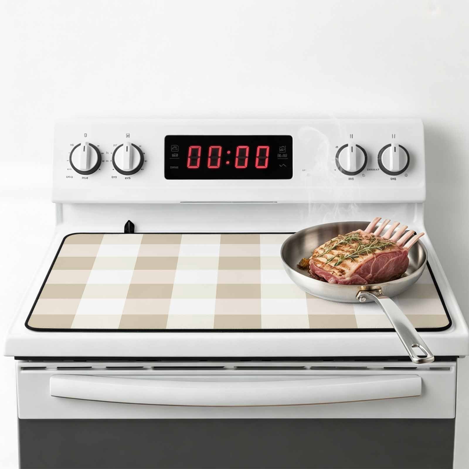 Beige Plaid Stove Top Cover for Electric Stove, Heat-proof & Non Slip Glass Top Stove Cover Protector, Spring Summer Farmhouse Buffalo Checkered Kitchen Flat Cooktop Rubber Mat 24x21 Inches