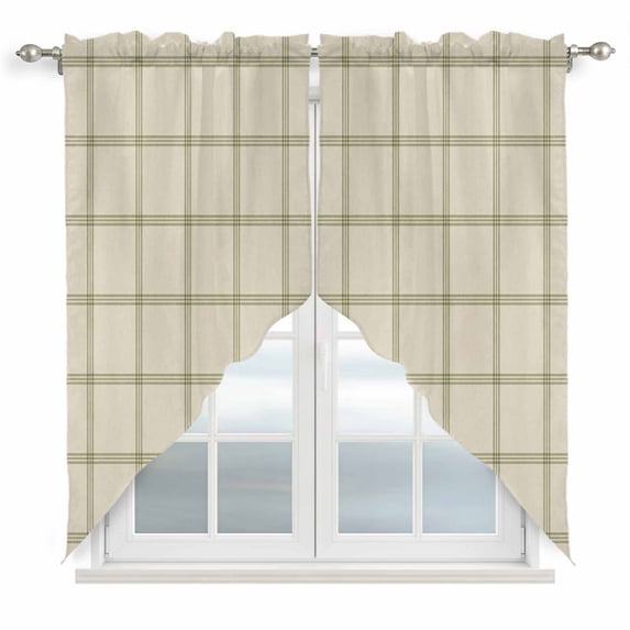 Beige Plaid Swag Curtains for Kitchen/Bedroom/Living Room, Vintage Grid Stripe Minimalist Art Linen Scalloped Curtains 63 Inch Long, Window Swag Topper Curtains Valances 2 Panels Set 36"x63"