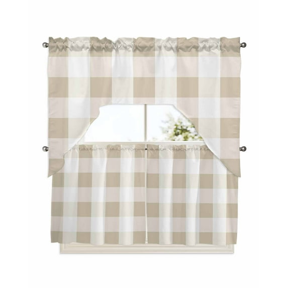 Beige Plaid Swag Valance and Tier Curtains 24'' Length Set, Spring Summer Farmhouse Buffalo Checkered Light Filtering Kitchen Curtains, Tier Curtain Valances for Bathroom/Living Room/Bedroom/Café