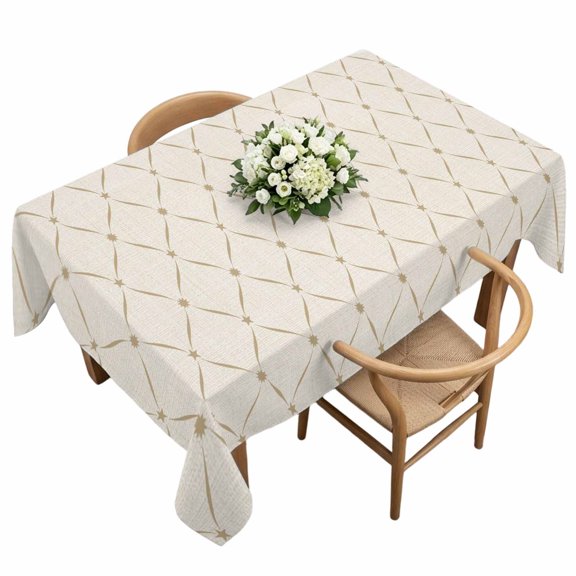 Beige Plaid Table Cloth, Waterproof Tablecloth for Rectangle Tables, Classic Minimalist Abstract Geometric Grid Washable Fabric Table Cover for Restaurant Kitchen Dining Tables 60"x120"