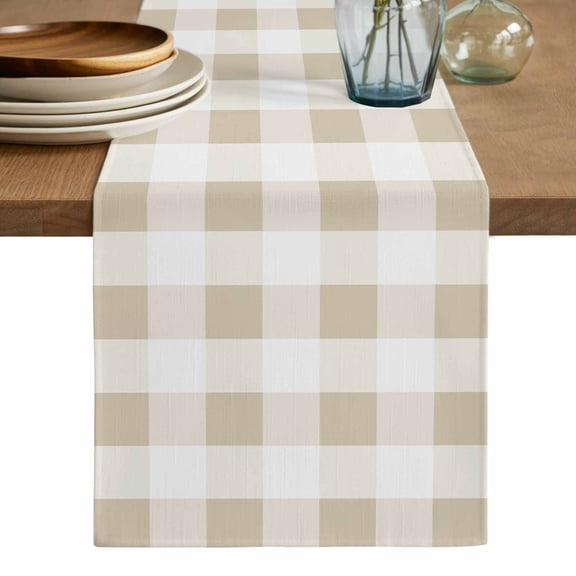 Beige Plaid Table Runner, Spring Summer Farmhouse Buffalo Checkered Washable Cotton Linen Table Runners 36 Inches Long, Dresser Scarf Runner for Nightstand/End Tables/Round Tables 13''x36''