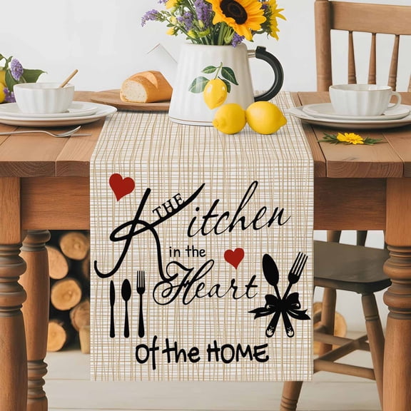 Beige Plaid Tableware Silhouette Table Runner 36 Inches Long, Farmhouse Kitchen Sign Table Runners Tabletop Scarf Kitchen Dining Tables Decoration for Home Party Indoor Outdoor