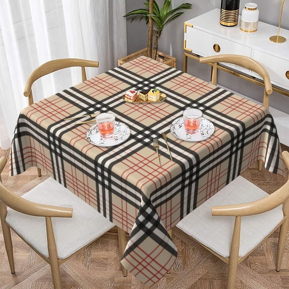 Beige Plaid Tartan Checkered 100% Polyester Fiber Square Tablecloth Anti Pilling Tablecloth Decoration 52"X52"