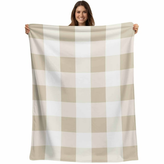 Beige Plaid Throw Blankets, Checkerd Pattern Soft Fleece Blanket Decorative for Home Sofa Couch Chair Living Bedroom, 50x60 inches,