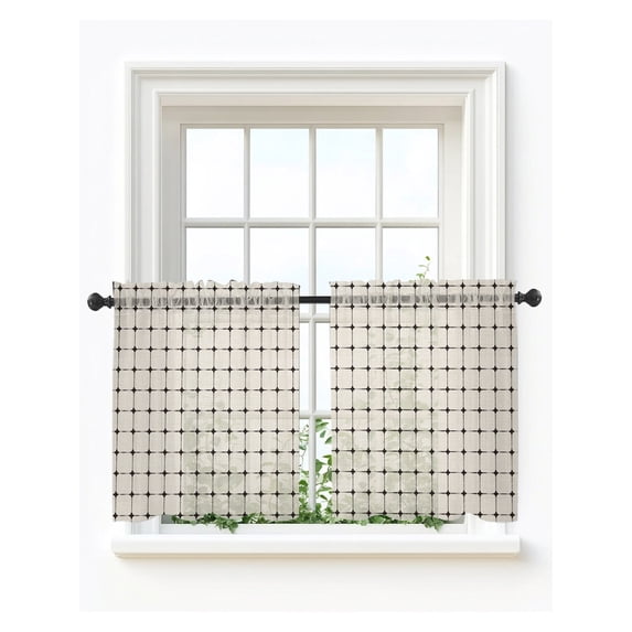 Beige Plaid Tier Curtains 36 Inch Length,Sheer Curtains for Bedroom Living Room Farmhouse Modern Simple Black Line Grid Points Short Kitchen Curtains Drapes for Small Half Window 27.5"x36" 2 Panels