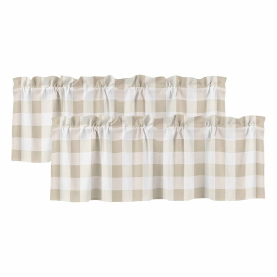 Beige Plaid Valances for Windows, Decorative Rod Pocket Window Valance Curtains, Spring Summer Farmhouse Buffalo Checkered Short Curtain Drapes for Kitchen/Living Room, 2 Panels, 60" W x 18" L