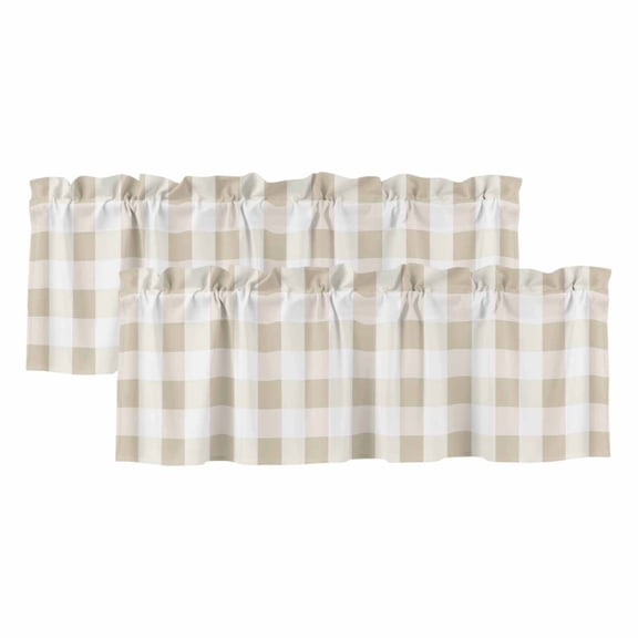 Beige Plaid Valances for Windows, Decorative Rod Pocket Window Valance Curtains, Spring Summer Farmhouse Buffalo Checkered Short Curtain Drapes for Kitchen/Living Room, 2 Panels, 60" W x 18" L