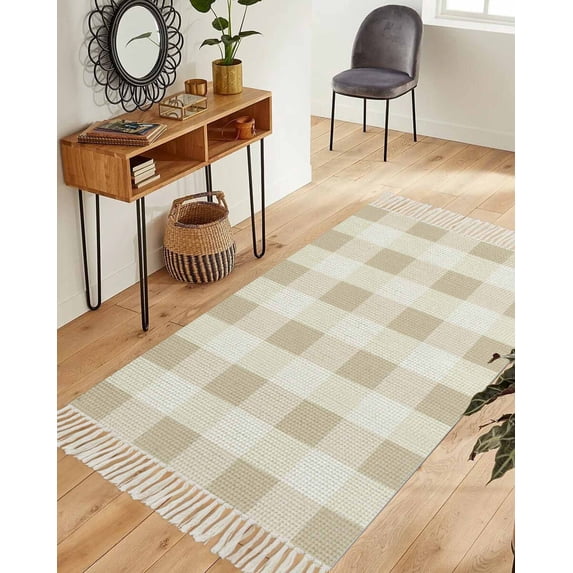 Beige Plaid Washable Area Rug 3'x5', Spring Summer Farmhouse Buffalo Checkered Woven Cotton Tassels Kitchen Rugs, Non Slip Indoor Door Mat Throw Carpet for Entryway Living Room Nursery Laundry Room