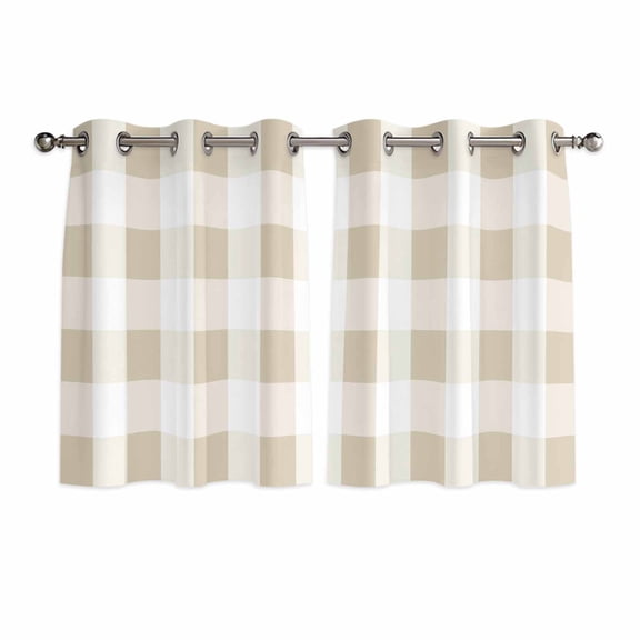 Beige Plaid Window Curtains Panels with Silver Grommet,Spring Summer Farmhouse Buffalo Checkered Kitchen Cafe Curtain Draperies Window Treatment Set for Living Room/Bedroom/Bathroom/Cafe,84x45