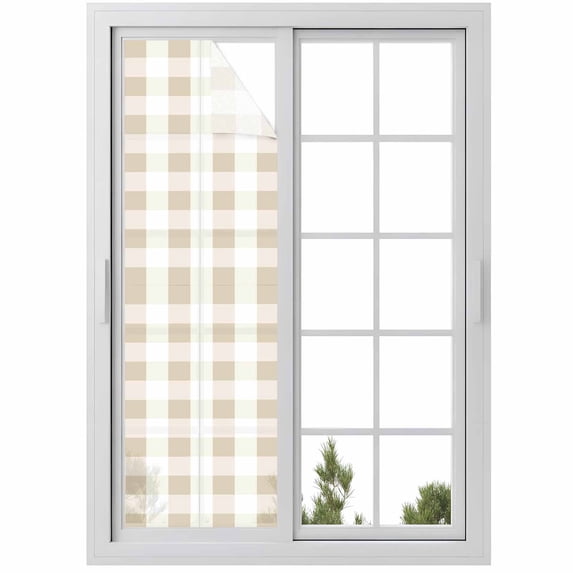 Beige Plaid Window Privacy Film, Spring Summer Farmhouse Buffalo Checkered Static Cling UV Sun Blocking Heat Control Window Tint Day and Night,Non-Adhesive One Way Windows Privacy Cover 17.7''x78.7''