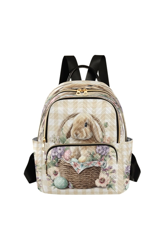 Beige Plaids Easter Rabbit in Basket Quilted Backpack Fashion Daypack Commuter Bag for Women 8.5 L