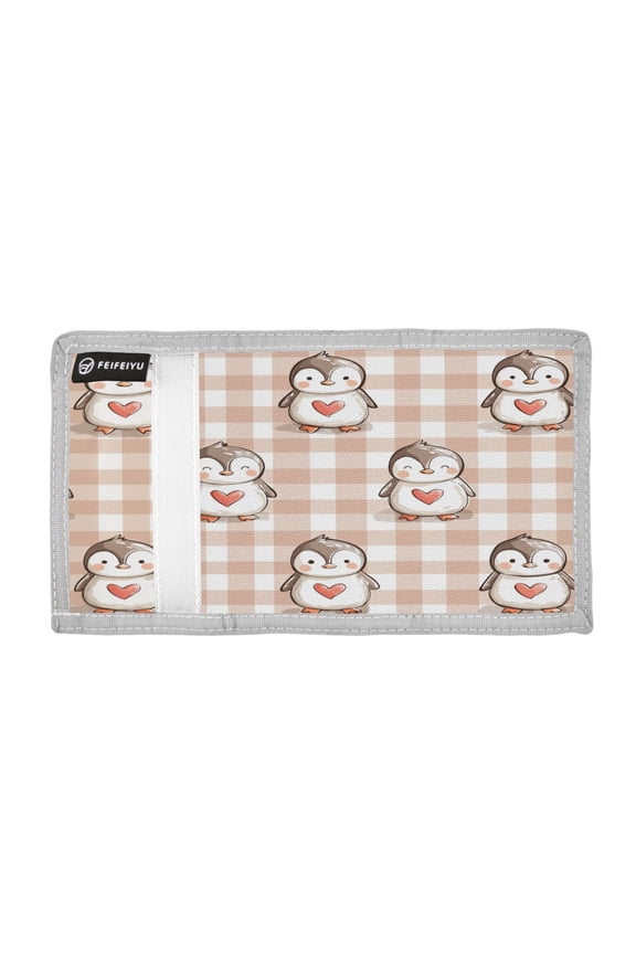 Beige Plaids Penguins Hearts Valentine Cartoon Trifold Wallets Card Holders Coin Pockets with Lanyards Portable Unisex