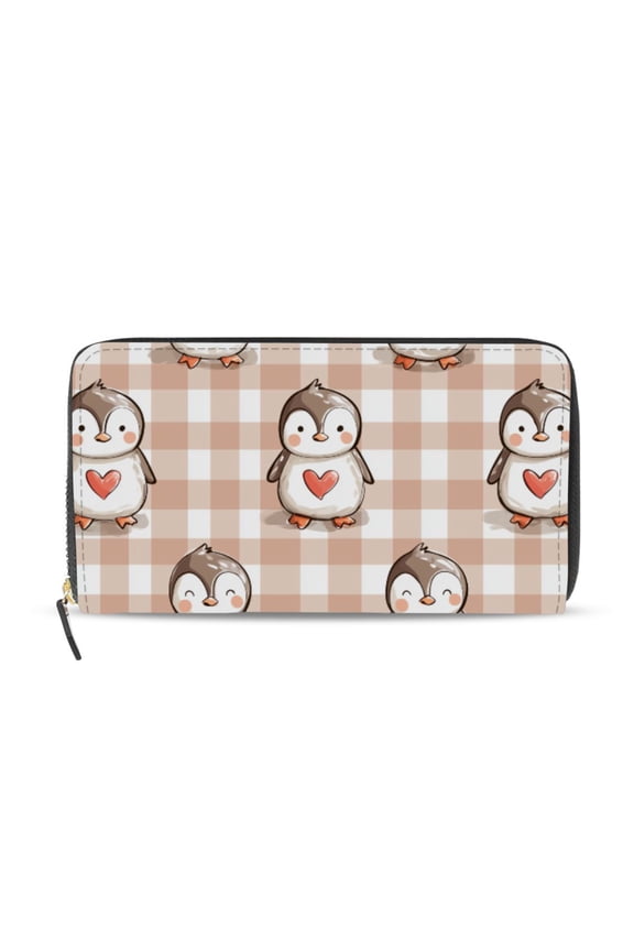 Beige Plaids Penguins Hearts Valentine Cartoon Women's Long Zipper Wallet Bifold Clutch Purse PU Leather Card Cases