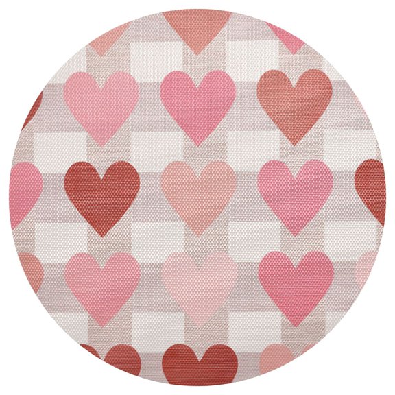 Beige Plaids with Valentine Hearts PVC Round Grid Placemat Table Mat 1 Pc 15.4" x 15.4"