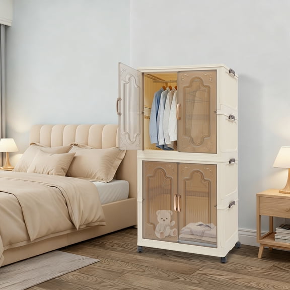 Beige Plastic 66*42*132cm 2-Story Folding Storage Cabinet Storage Cabinet Wheeled Household Mobile Wardrobe Storage Box