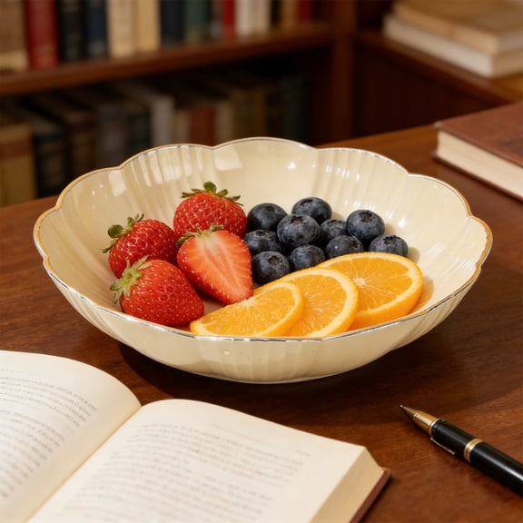 Beige Plastic Fruit Plate 9.84" - Decorative Snack Tray for Coffee Table, Living Room - Elegant Chinese Style Serving Dish for Candy, Nuts | Lightweight & Durable