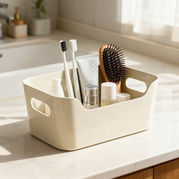 Beige Plastic Storage Box with Handle - Kitchen & Living Room Snack Organizer (9.6x6.7x4 Inch)