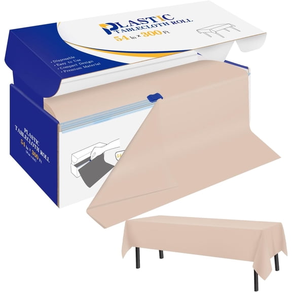 Beige Plastic Tablecloth Roll 54 In X 300 Ft with Slide Cutter