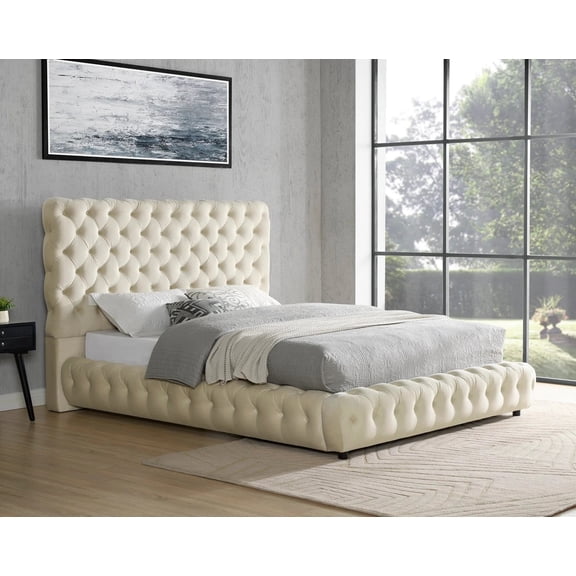 Beige Platform Bed King Size 1pc Button Tufted Glam Bedroom Furniture
