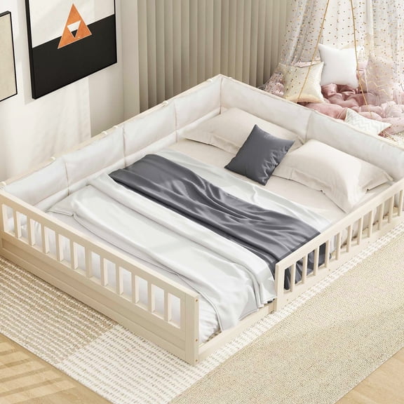 Beige Platform Bed With Guardrail And Relaxing Pillow - Build Upholstered Wood Soft Long-term Durability