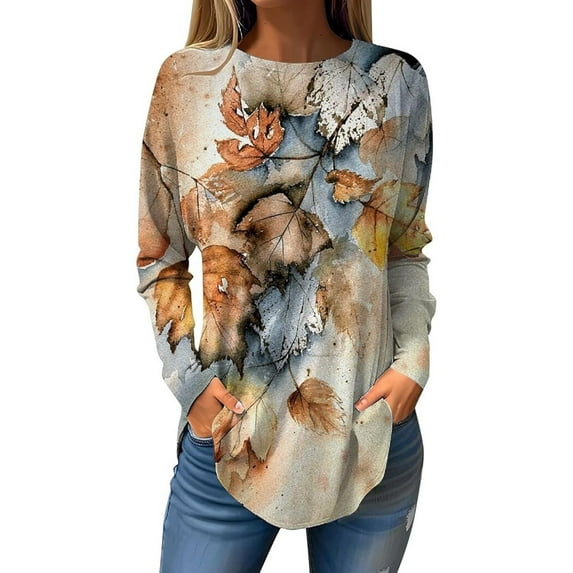 Beige Plus Size Blouses, Long Sleeve Plus Size Shirt for Women, Weekend Polyester Plus Size Womens Shirts, Women's Printed Fashion Casual Pullover Round Neck Top