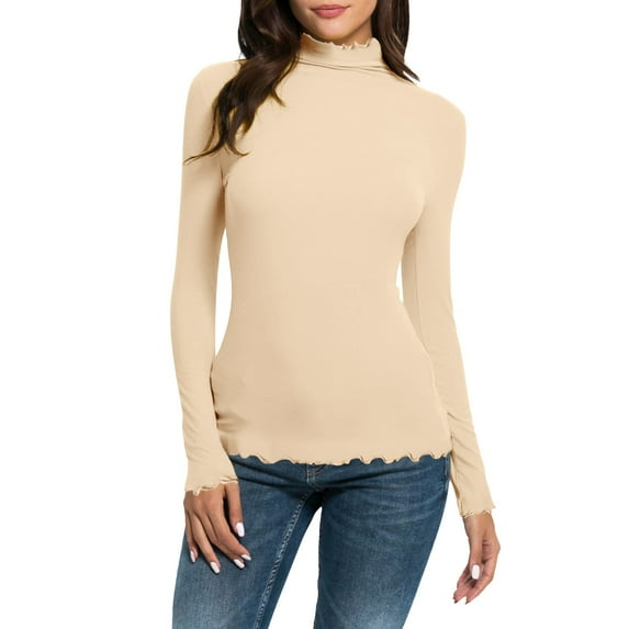 Beige Plus Size Fashion, Long Sleeve Shirts for Women Plus Size, Weekend Polyester Womens Blouses Plus Size, Women Casual Solid Mock Turtleneck Blouse Tops Slim Fit Stretchy Layer Tee Shirts