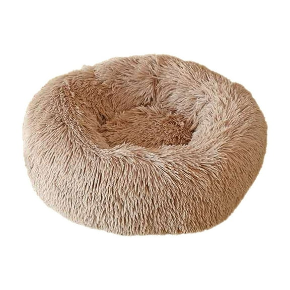 Beige Plush Round Pet Bed For Cats And Dogs, Deep Sleep Comfort With Removable Washable Cover, Non-Slip Bottom For Medium To Large Breeds