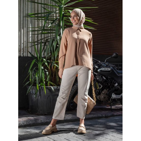 Beige - Point Collar - Blouses - Refka