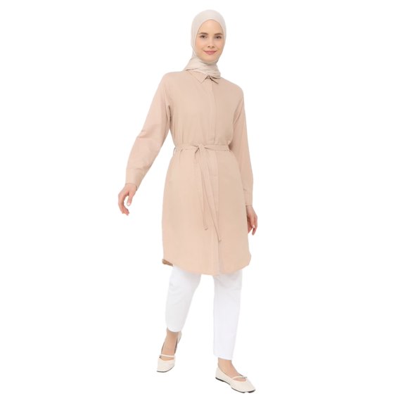 Beige - Point Collar - - Tunic - Everyday Basic